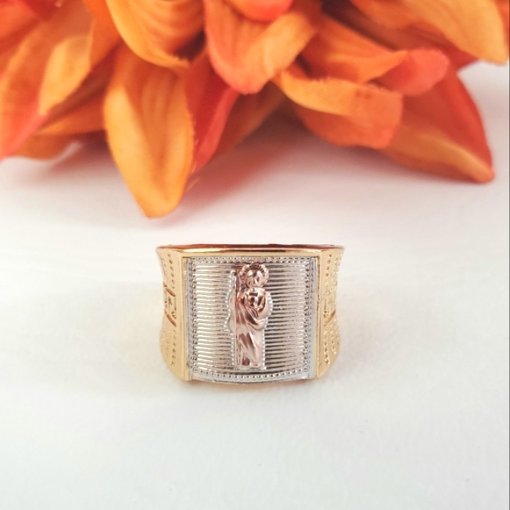 Tri Color St Jude Mens Engraved Gold Plated Ring